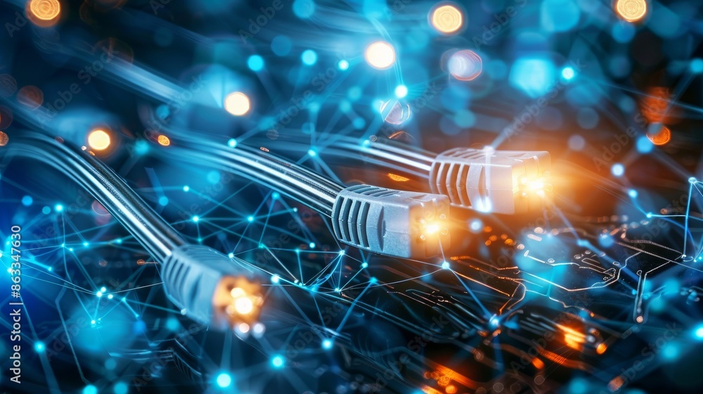 Poster glowing electricity cable connection in an abstract internet cyber concept background with optical c
