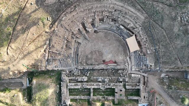 Aerial panoramic view of Sparta city with Taygetus mountains and ancient ruins remains in Peloponnese, Greece