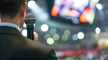 A speaker addresses a large audience at an event, holding a microphone. The scene is filled with blurred lights and a large screen in the background