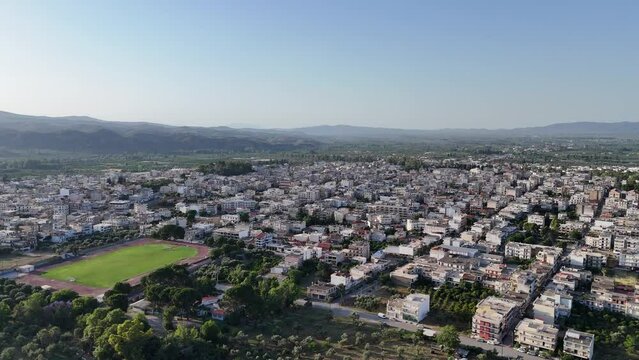 Aerial panoramic view of Sparta city with Taygetus mountains and ancient ruins remains in Peloponnese, Greece
