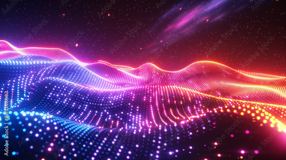 Aufkleber technology web energy of fractal realms wave glowing particles. neon wireframe futuristic retro grid