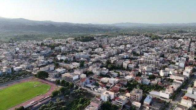Aerial panoramic view of Sparta city with Taygetus mountains and ancient ruins remains in Peloponnese, Greece