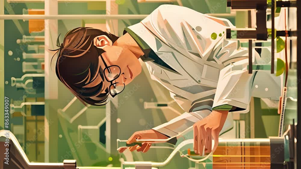 Poster a scientist works diligently in a laboratory setting, carefully handling glassware and conducting ex
