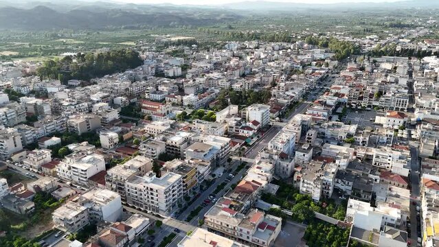 Aerial panoramic view of Sparta city with Taygetus mountains and ancient ruins remains in Peloponnese, Greece