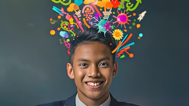 A young man smiles as colorful ideas explode from his head