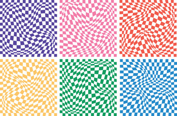 Retro set of groovy wavy psychedelic checkerboard in pale pastel colors, A4. Y2K, phone case background from the 90s. Hippie chessboard template.