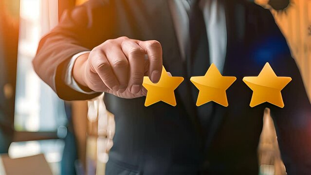 A man in a suit gives a three-star rating with his hand