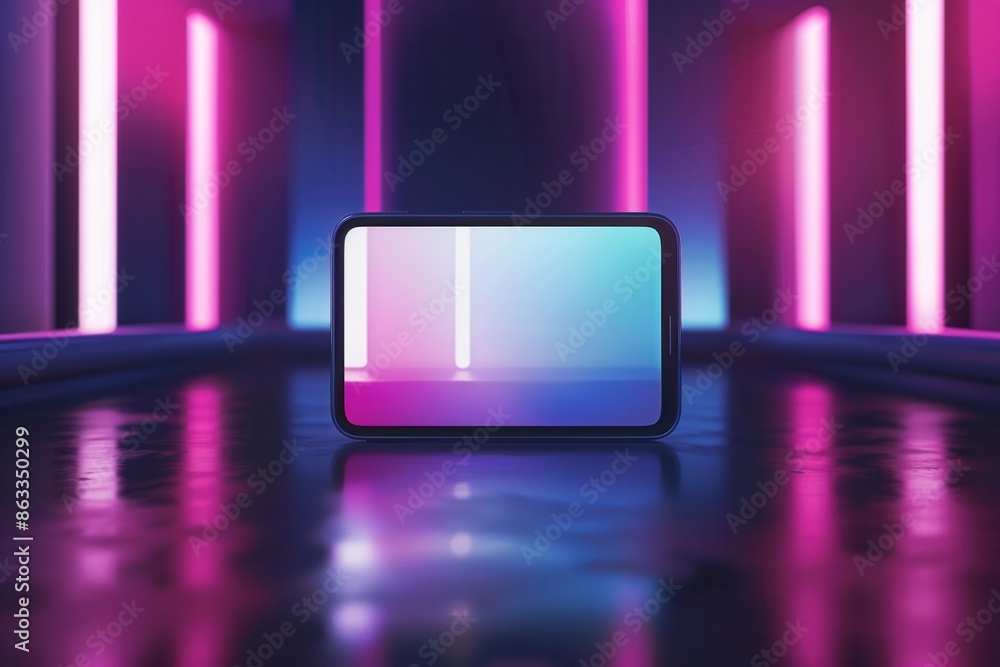 Poster a smartphone lies on a glossy surface in a vibrant, modern space illuminated by pink neon lights. ge