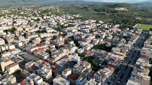 Aerial panoramic view of Sparta city with Taygetus mountains and ancient ruins remains in Peloponnese, Greece