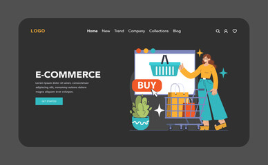 E-commerce dark or night mode web, landing. Woman adds product