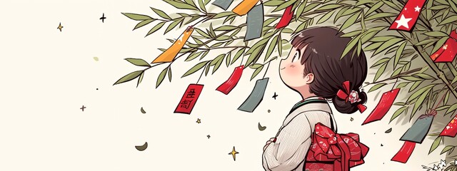 Fototapeta premium Asian girl decorating bamboo trees with hanging wishes written on paper cards on white background. Tanabata or Qixi Festival. Chinese Valentine’s day. Illustration for greeting card, banner, poster