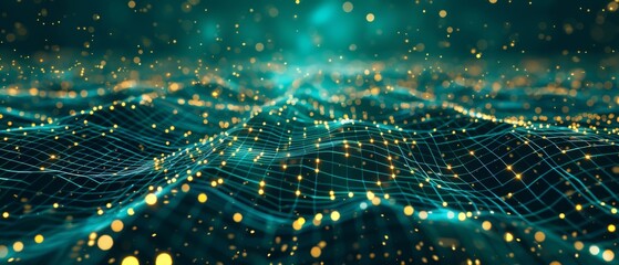 Abstract digital wave in teal with golden particles. High-tech, futuristic design featuring a grid pattern, undulating waves, and shimmering lights