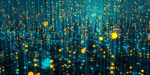 Abstract digital background with teal and gold lights forming a network pattern. High-tech, futuristic design featuring glowing lines and particles