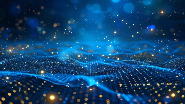 Digital abstract wave background in blue with golden particles. High-tech, futuristic design featuring undulating waves and shimmering lights