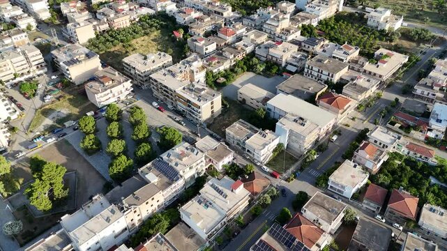 Aerial panoramic view of Sparta city with Taygetus mountains and ancient ruins remains in Peloponnese, Greece