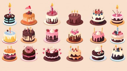 Vector design of a set of birthday cakes Collection includes colorful and delicious flavors for party elements