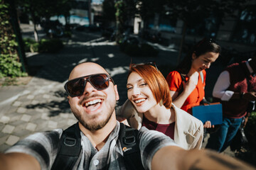 Happy friends capturing a moment together with a selfie outdoors on a bright, sunny day.