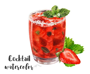 Watercolor illustration of a strawberry mint cocktail, ideal for a summer refreshment