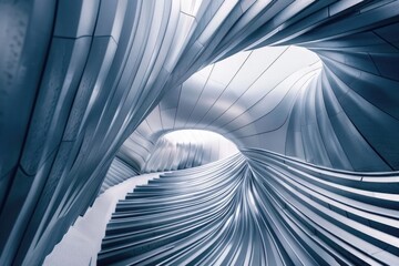 Abstract architectural structure with fluid, metallic curves and dynamic shapes