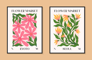 Abstract flower market vector posters with hand drawn florals.Modern botanical illustrations for prints,flyers,banners,invitations,branding design,covers,home decoration.