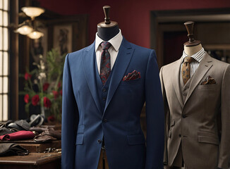Dapper suits on mannequins showcase fine tailoring and elegance in mens fashion at a boutique