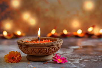 decorative diya for diwali . Happy Diwali A lit diya on a table. The diya is surrounded by colorful confetti and the diya is the only source of light. The scene is festive and celebratory