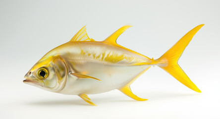 A stunning golden fish, showcasing its vibrant yellow and blue hues, captured in high detail against a white background.