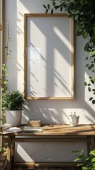 Frame mockup close up at home, workplace with empty wooden frame