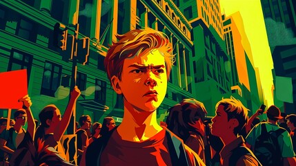 flat illustration vector, portrait of protesting in front of a government building city street, with protest signs,