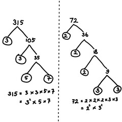 Hand writing illustrations about prime factorization in mathematics using factor tree method. Math equation. Least common multiple and greatest common factor.