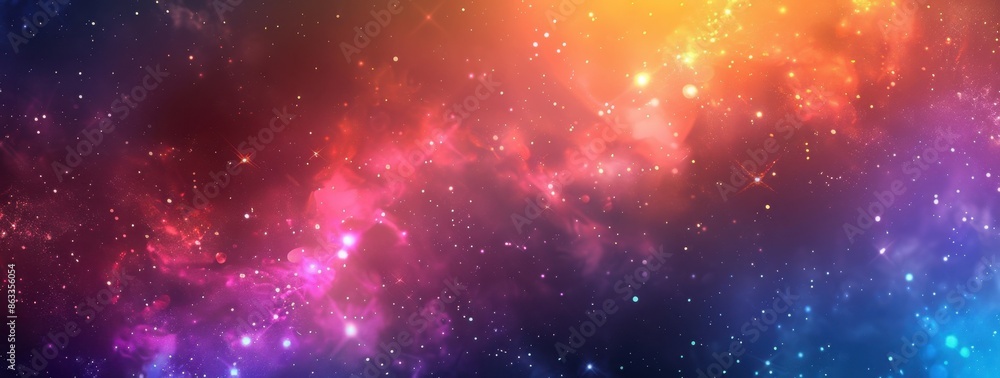 Poster a vibrant and colorful background with stars, galaxies, nebulae, bokeh lights, and space-themed elem