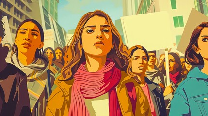 flat illustration vector, portrait of young woman protesting in front of a government building city street, with protest signs,