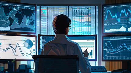 Flat vector financial analyst reviewing charts and data on multiple computer screens, corporate office setting,
