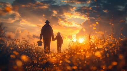 Fototapeta premium Silhouetted Figures Walking Through Field at Sunset