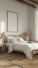 Frame mockup in coastal bedroom interior background