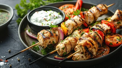 Grilled chicken skewers with vegetables and yogurt dip