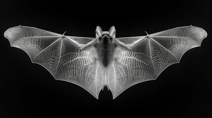 A black and white x-ray of an adult bat spreading its wings