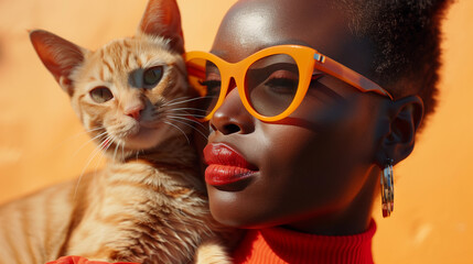modern black woman fashion yellow glasses short hair with yellow cat 
