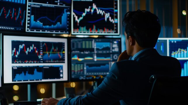 financial analyst reviewing charts and data on multiple computer screens, corporate office setting, business attire, - Powered by Adobe