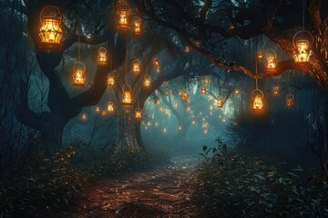 A dark forest path illuminated by lanterns hanging from the trees, creating a mystical and eerie atmosphere perfect for Halloween