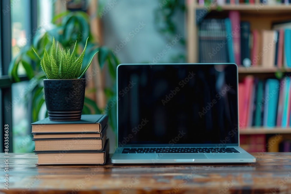 Poster a modern learning environment with a laptop computer and textbooks, suggesting an online course or e