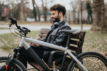 Naklejka premium Handsome businessman working remotely on laptop while sitting with his bicycle in an urban park, surrounded by nature.