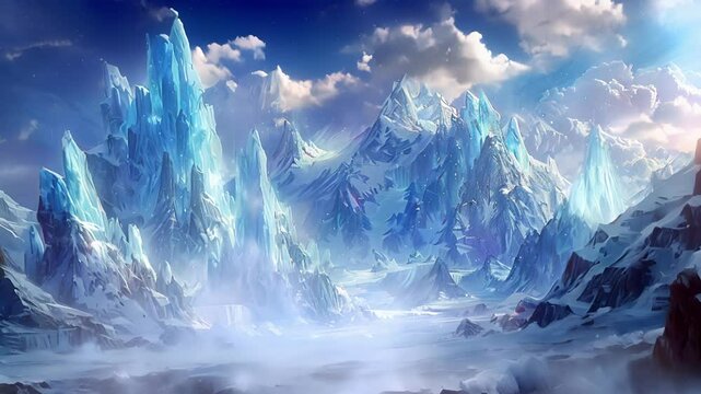 An icy tundra with towering mountains made of ice and snow creating a frigid but enchanting landscape.