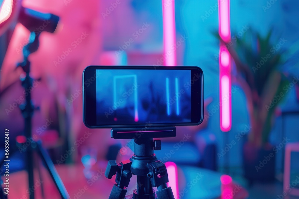 Poster a smartphone mounted on a tripod displays a vibrant video stream, capturing the energy of a live per