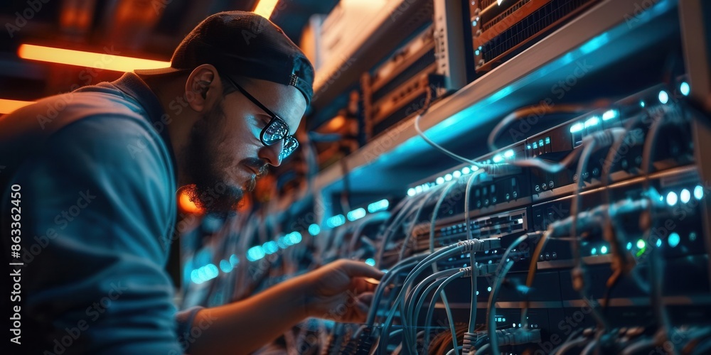 Aufkleber network administrator configuring a network router. technology maintenance concept