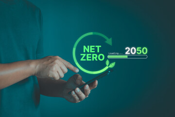 Net zero emissions and Carbon neutral concept. Countdown to 2050 for Net-zero greenhouse gas emissions target Climate neutral long term strategy. Carbon credit to limit global warming climate change.