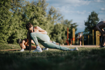 Woman doing leg stretching exercise in a park during an outdoor workout session with friends on a sunny day.