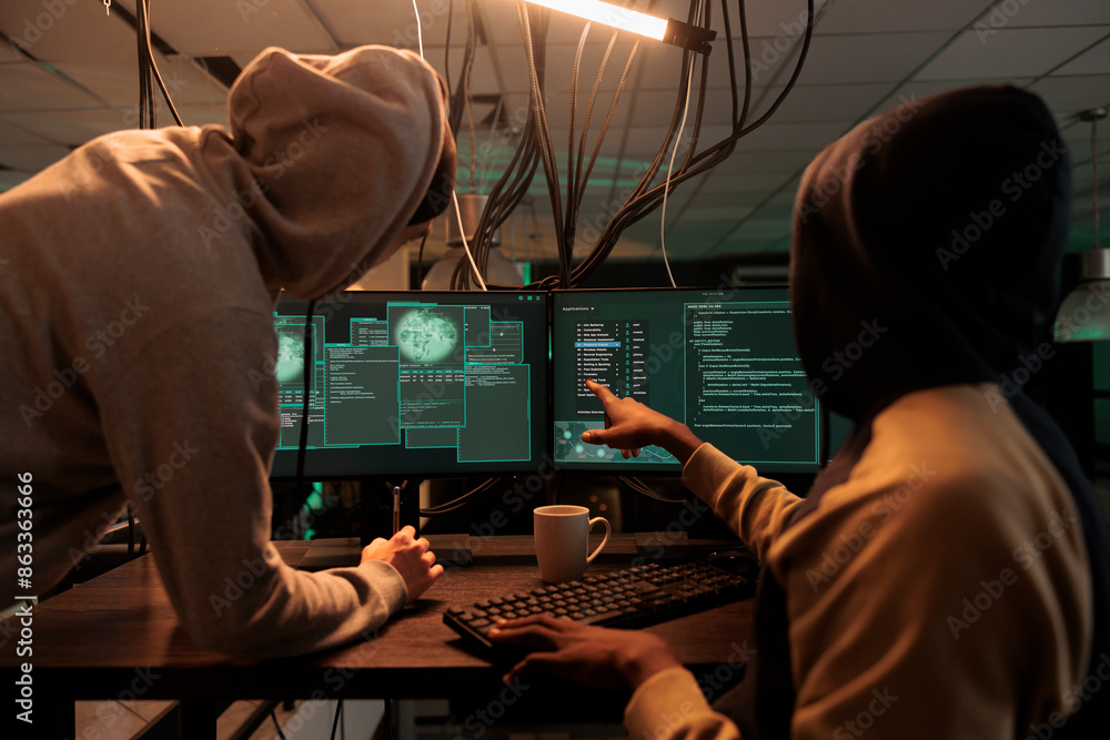 Poster internet criminals hacking online server, stealing finances, cyberattack. hacker in hoodie pointing 