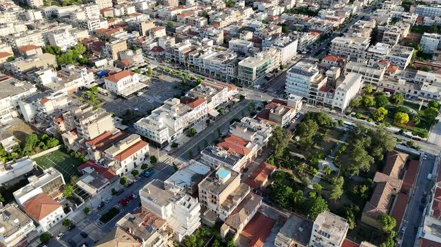 Aerial panoramic view of Sparta city with Taygetus mountains and ancient ruins remains in Peloponnese, Greece