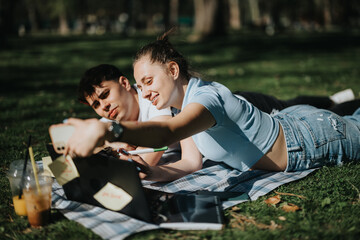 A school couple lying on a blanket in the park, surrounded by books and a laptop, studying together on a sunny day.